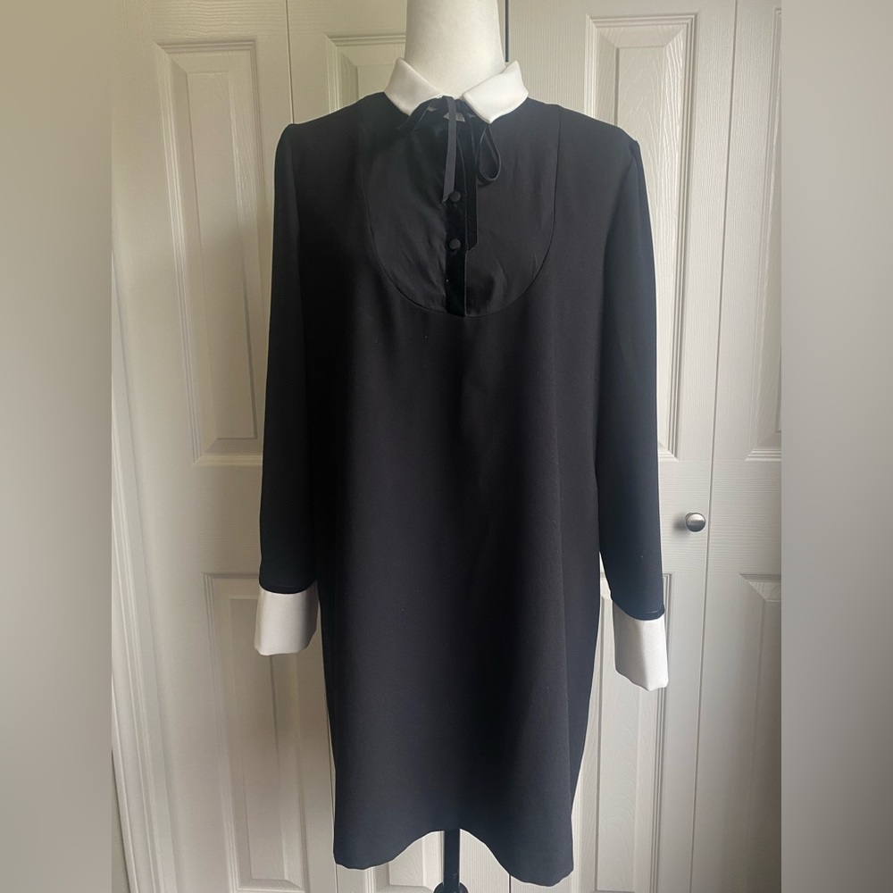 Zara Velvet Bow Black Mini Contrast Collar Dress size L - Picture 3 of 7
